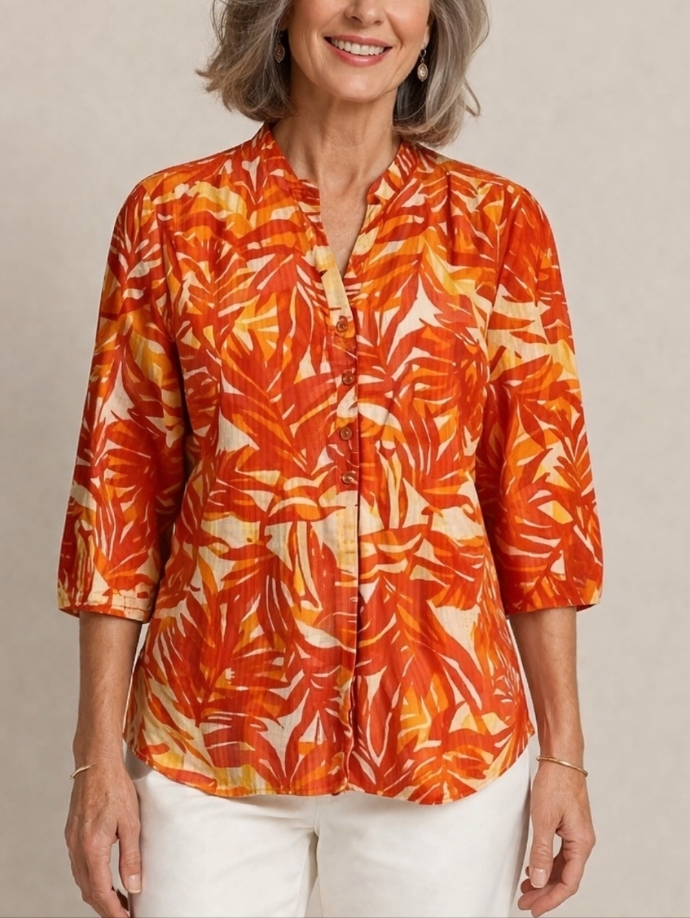 Vtg I.B. Diffusion Orange Tropical Leaf Button Down Half Sleeve Tiki Shirt